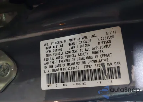 2012 Honda Accord 2.4 Ex from USA, damaged, VIN 1HGCP2F70CA218691